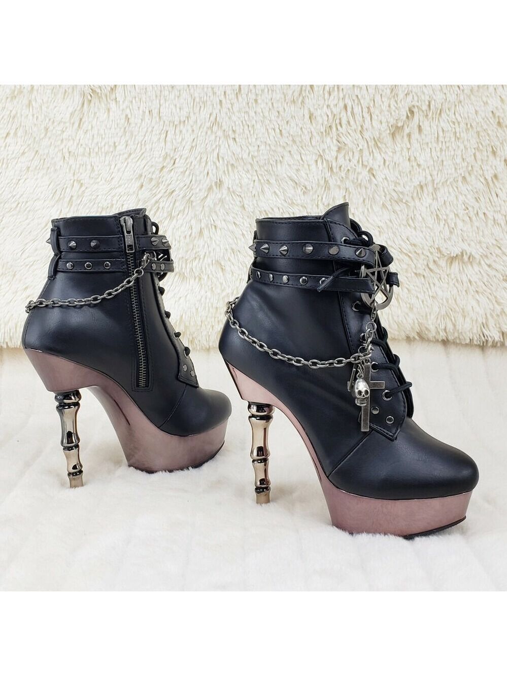 NIB MUERTO 1001 Finger Bone Heel Platform Biker Ankle Boots Charm Chain - Picture 10 of 12